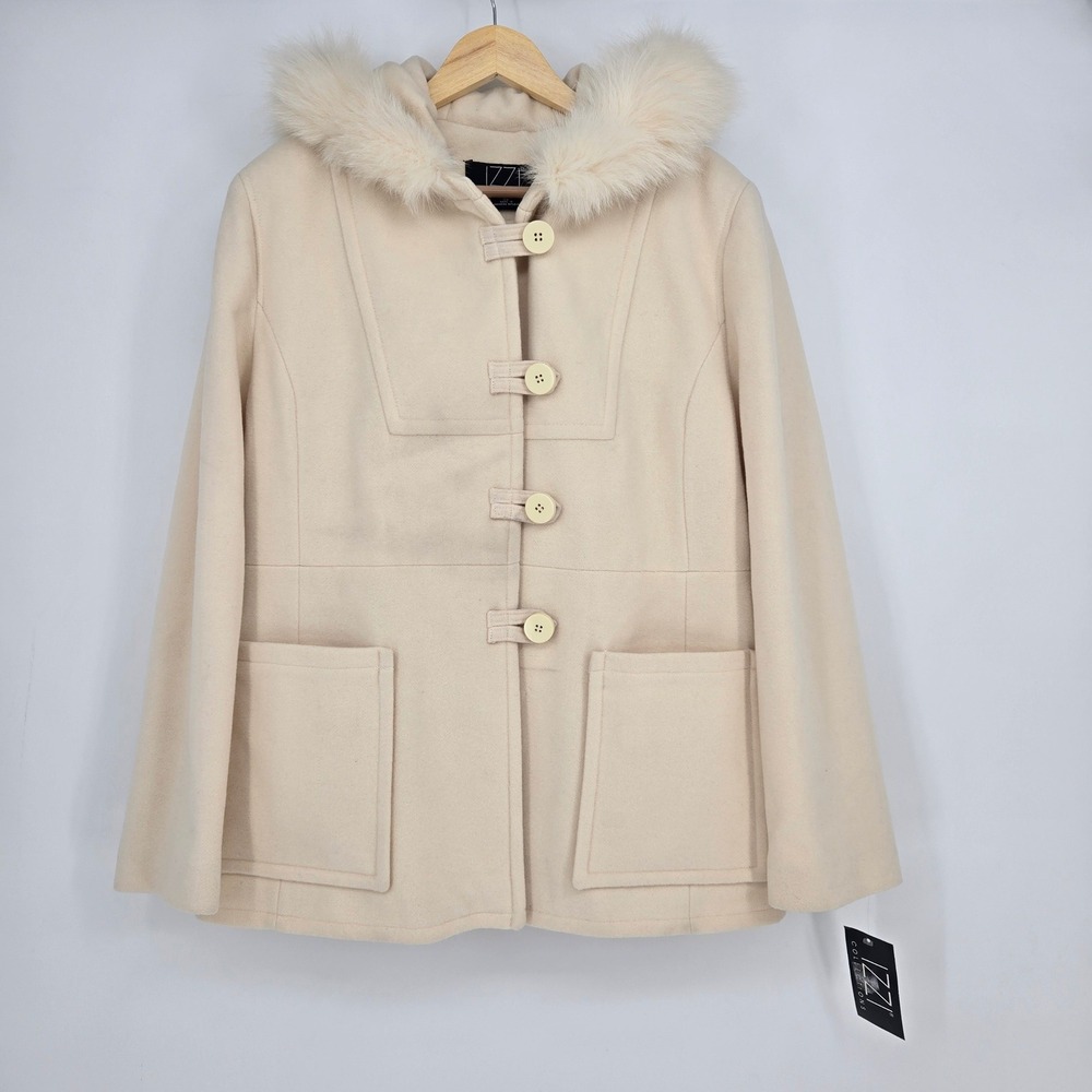 NWT 80% Wool Duffle Coat Fox Fur Trim Womens XL Warm Cozy Winter Elegant Izzi